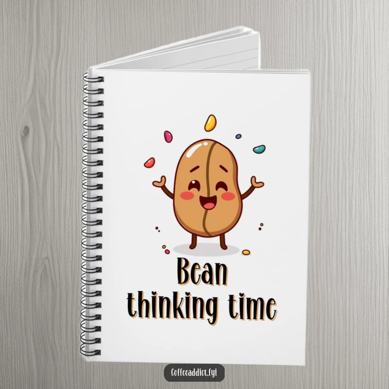 Funny notebook featuring a giggling coffee bean juggling three colorful sprinkles, ideal for writing.