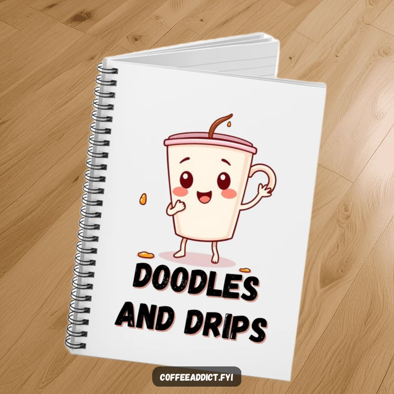 Funny notebook cover featuring a coffee cup character in a silly dance, spilling drops, inspiring energetic thoughts and note-taking.