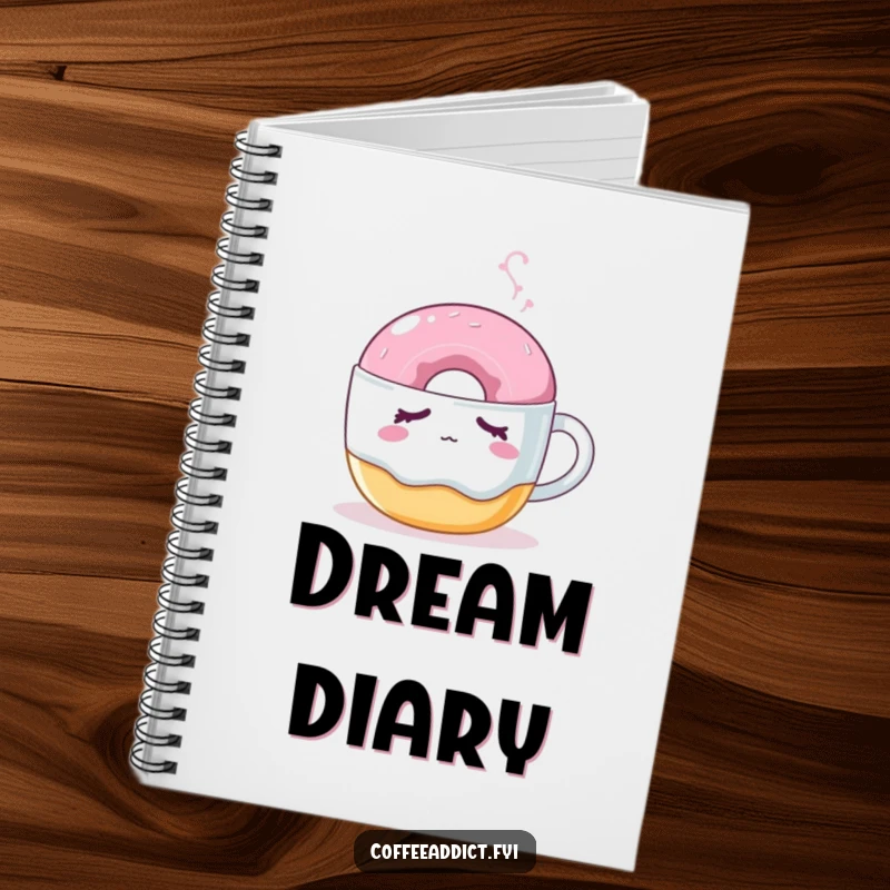 Funny donut notebook with a sleepy donut nudged by a steaming coffee mug, perfect for sweet, humorous notes.