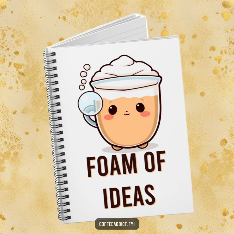 Funny Kawaii cappuccino notebook with a character blowing a playful bubble of foam, perfect for notes and creative ideas.