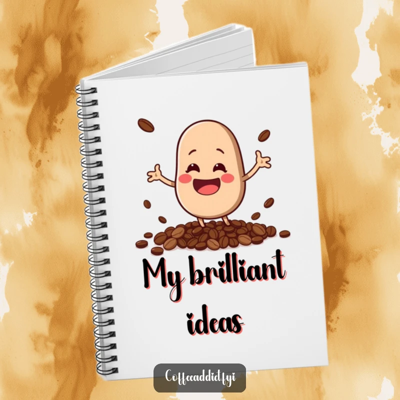 Funny kawaii coffee bean character with a huge grin, comically spilling beans, on the cover of a lined notebook.