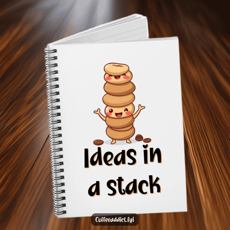Funny notebook featuring a stack of happy, wobbly coffee beans in a silly pose, ideal for energetic notes.