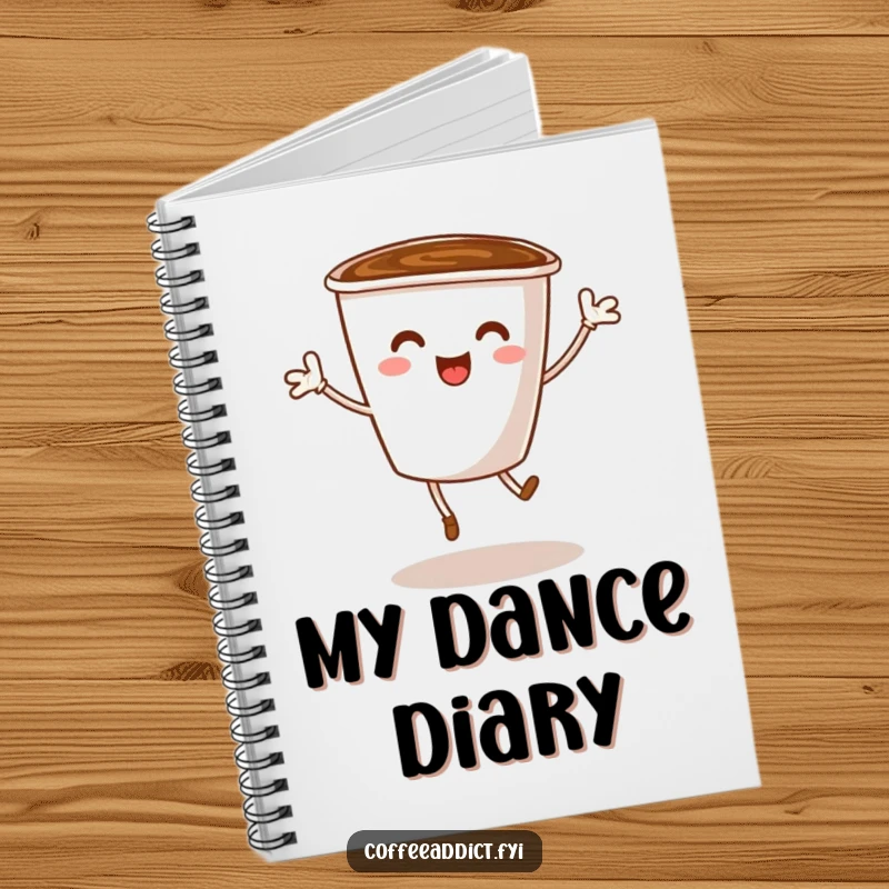 Funny notebook with a coffee cup character with tiny legs dancing energetically, providing a fun space for notes and creative ideas.