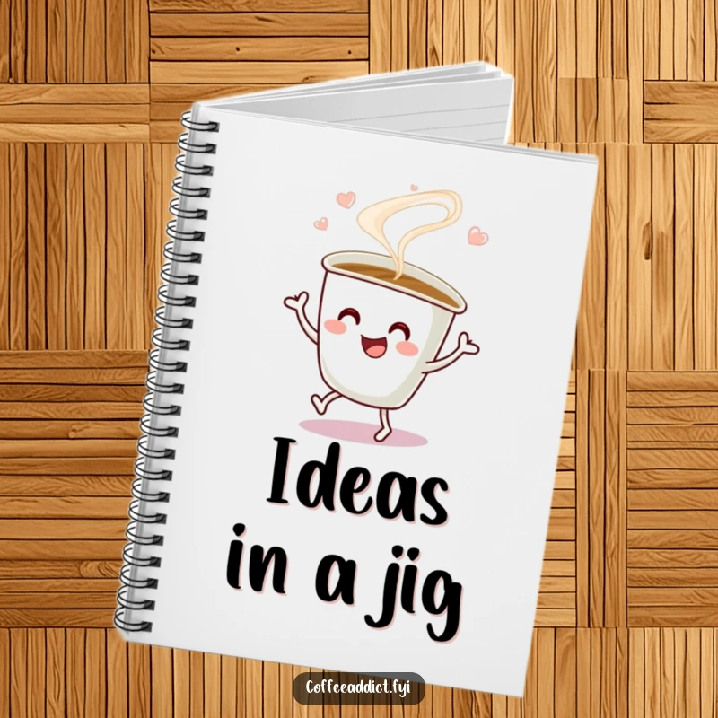 Funny Notebook featuring a steaming coffee cup performing a happy jig, ideal for jotting down notes with a playful touch.