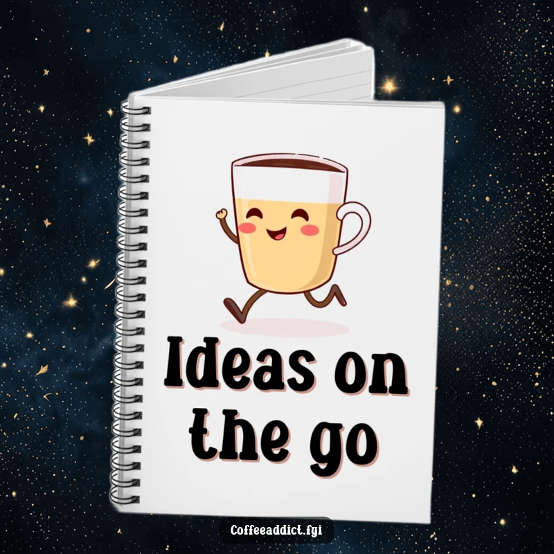 Funny notebook with a smiling coffee cup with tiny legs joyfully sprinting towards a hot beverage, perfect for notes.