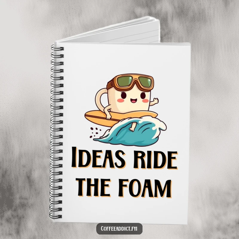 Funny notebook cover with a goggled surfer character riding a coffee wave, inspiring creativity and morning routines.
