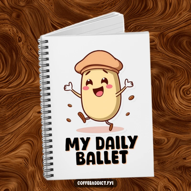 Funny coffee bean character wearing a beret, dancing with flair, inspiring creativity on a stylish notebook cover.