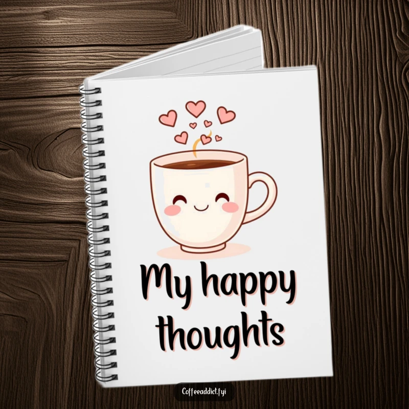 Funny smiling coffee cup with heart-shaped steam doing a happy dance, on the cover of a notebook.