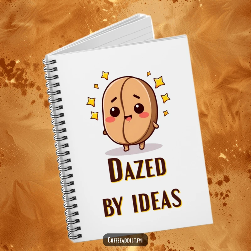 Funny notebook cover with a dazed coffee bean character, stars encircling its head, inspiring creative writing and doodles.
