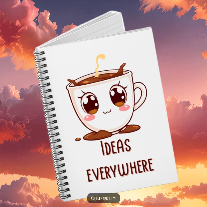 Funny notebook cover showcasing a coffee cup character with huge, excited eyes, comically spilling coffee, ideal for note-taking.