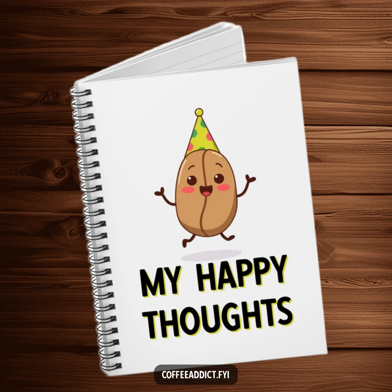 Funny notebook cover featuring a coffee bean in a party hat doing a joyful jig, perfect for jotting down festive thoughts.