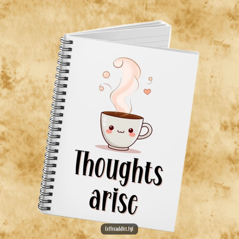 Funny notebook with a coffee cup character peeking from steam, providing a fun and mysterious space for notes and ideas.