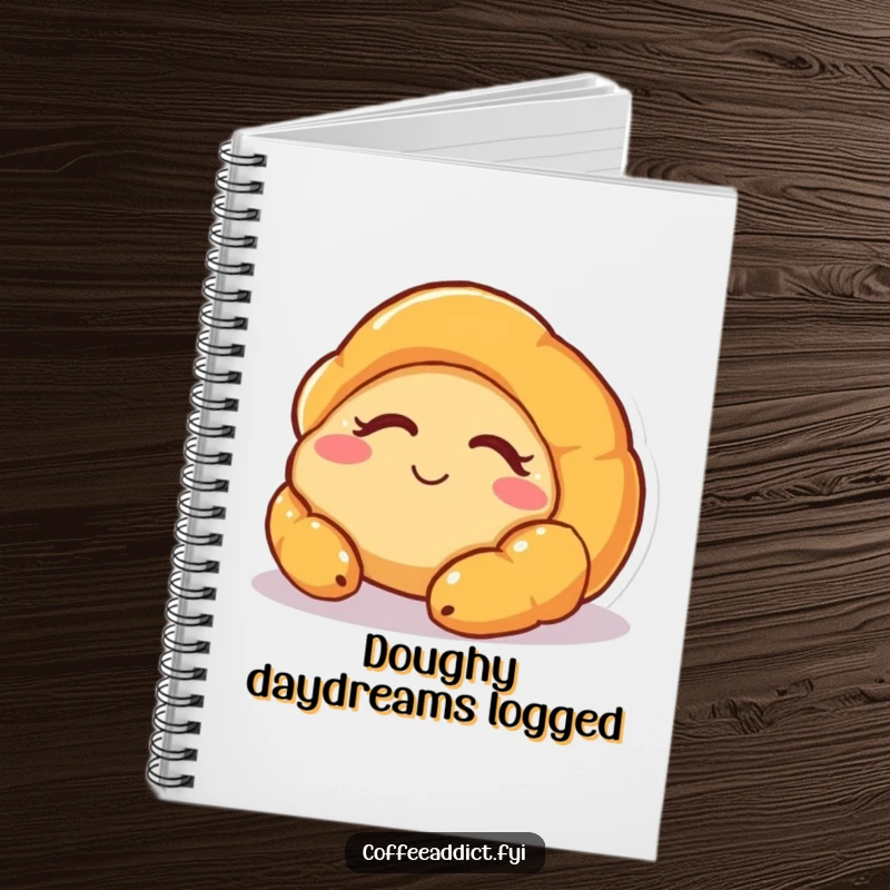 Funny notebook with a sleepy croissant character smiling softly on the cover, great for journaling, note-taking, or sketching.