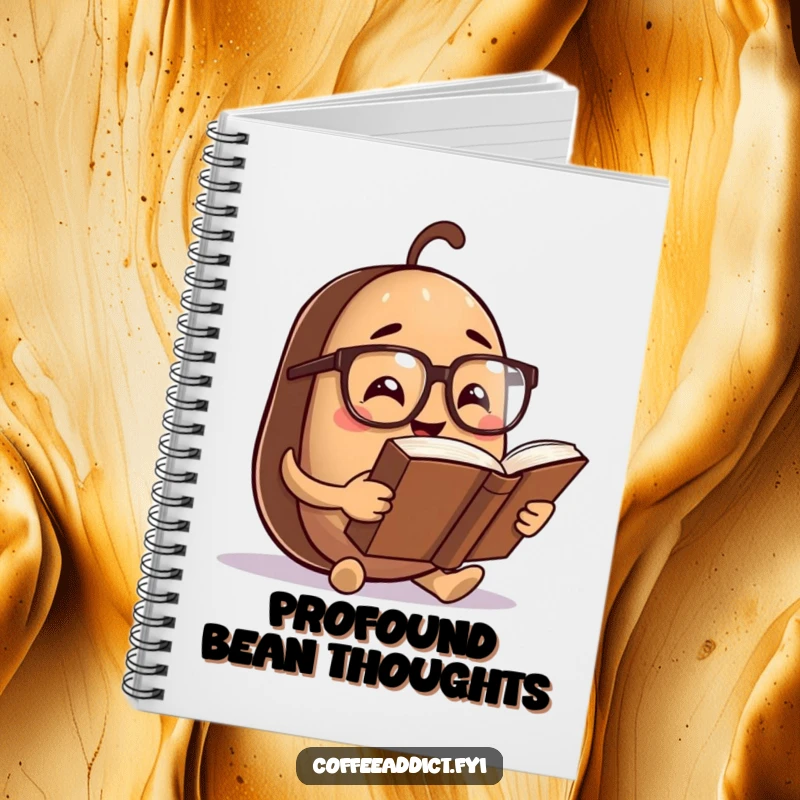Funny Notebook: Coffee bean character with spectacles, reading a comically large book, perfect for notes with an intellectual twist.