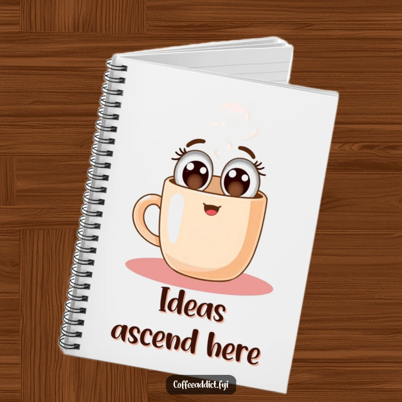 Funny notebook cover featuring a coffee mug character floating upwards joyfully, inspiring creative thought and note-taking.