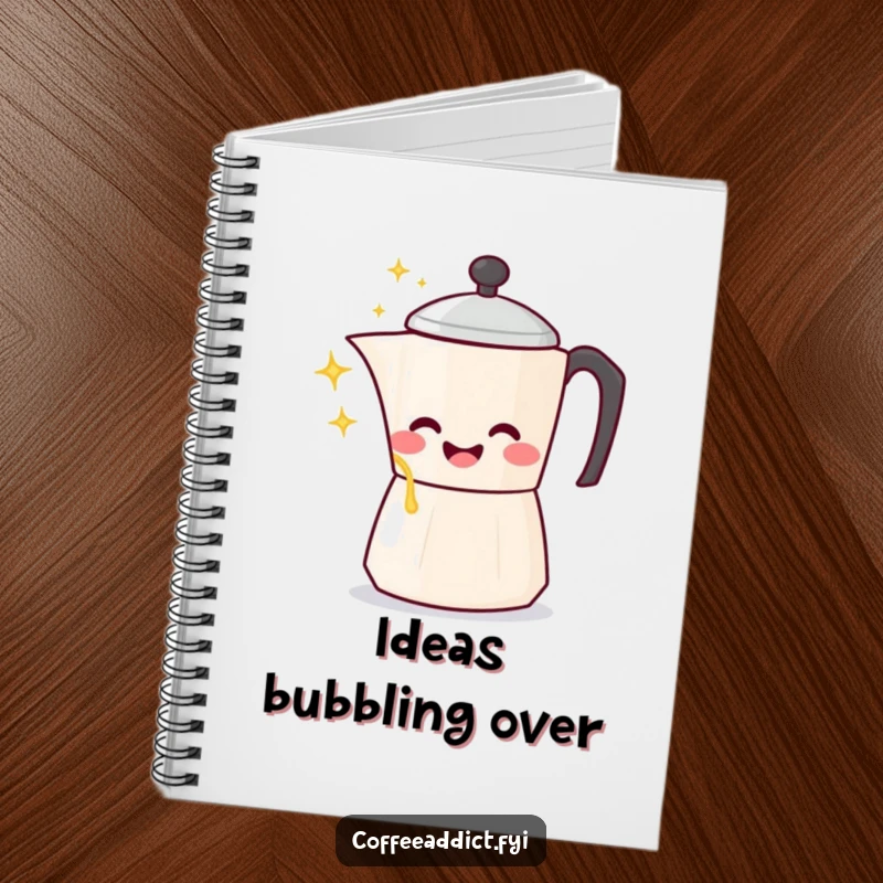 Funny Kawaii Coffee Pot Notebook with a character gleefully pouring sparkling liquid, perfect for humorous note-taking.