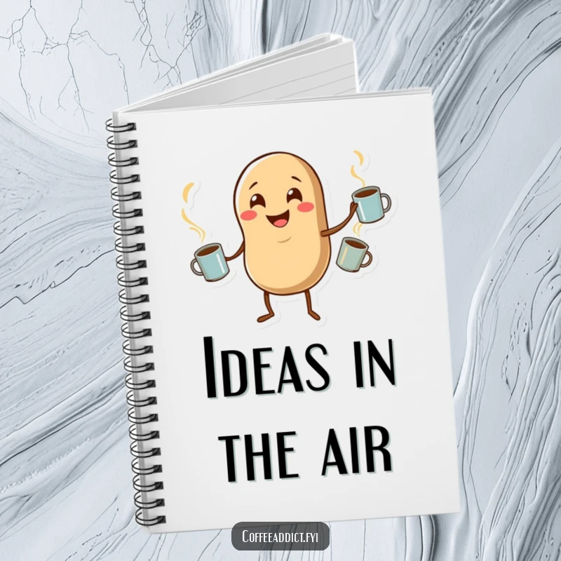 Funny notebook showcasing a skilled coffee bean character juggling steaming mugs, offering a playful space for notes and ideas.