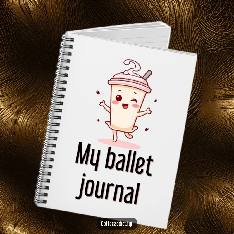 Funny Kawaii Coffee Stirrer Dancer Notebook showing a small character twirling with joyful abandon, perfect for journaling.