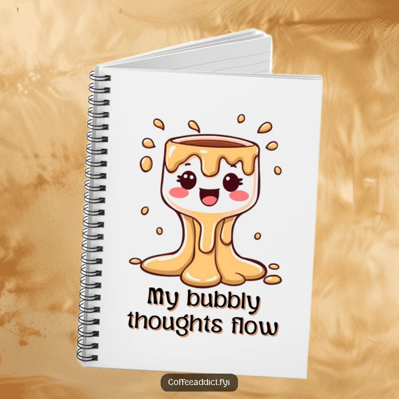 Funny Kawaii Coffee Drip Notebook with a cheerful character and bubbly cascade, perfect for jotting notes with humor and cuteness.