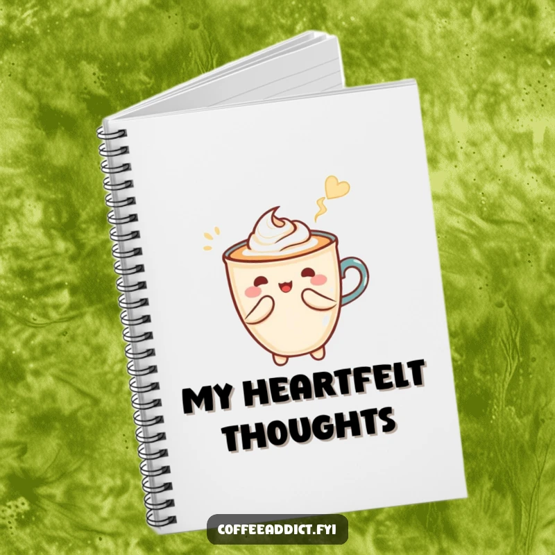 Funny notebook with Kawaii latte art forming a heart shape with a flourish, perfect for jotting down sweet ideas.