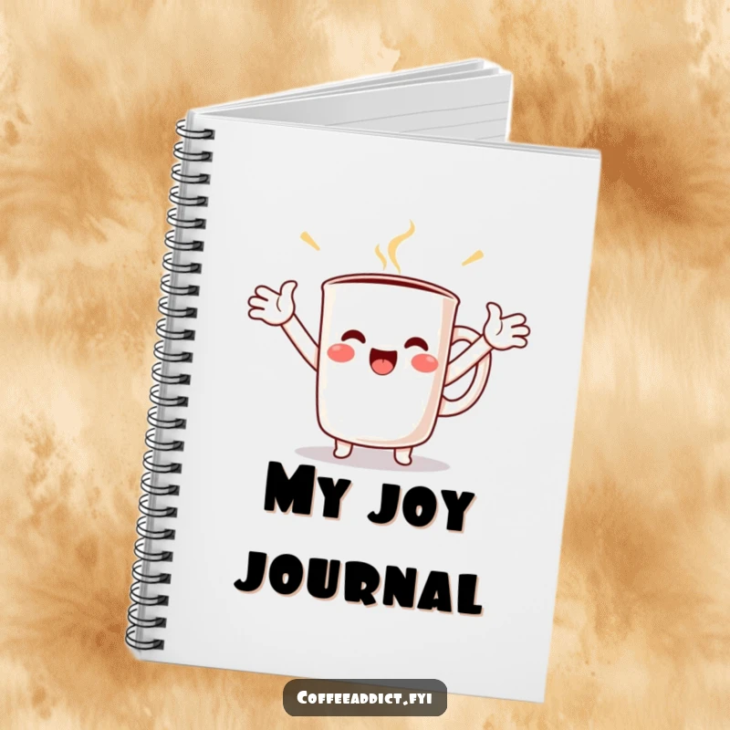 Funny Kawaii Coffee Mug Notebook featuring a character with arms outstretched in joy, ready to capture your most inspired thoughts.