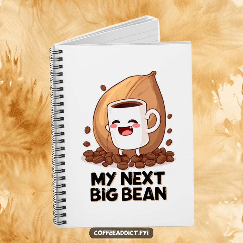 Funny notebook cover with a coffee mug character pretending to be defeated by a huge coffee bean, creative humor.