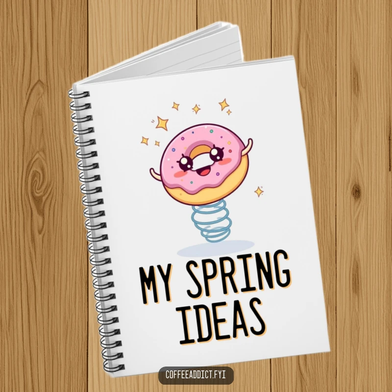 Funny notebook featuring a delightful donut with starry eyes bouncing enthusiastically on a spring for writing.