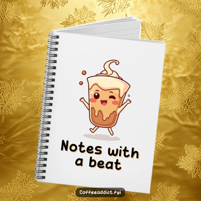 Funny notebook with a dancing coffee drip character, perfect for jotting down inspired thoughts.