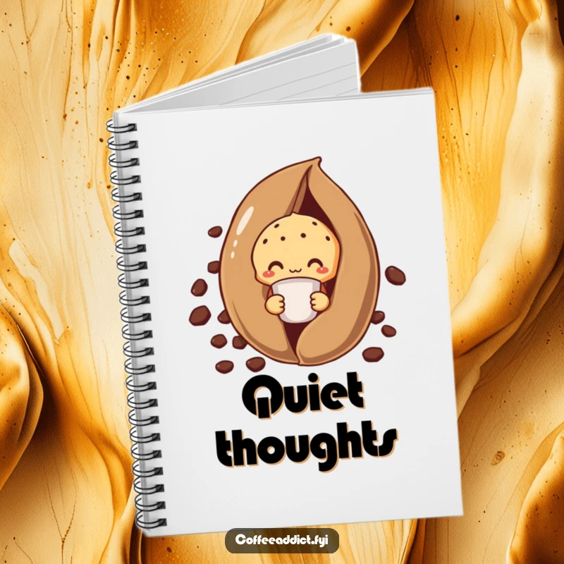 Funny shy muffin notebook featuring a muffin peeking from behind a giant coffee bean, holding a tiny cup.