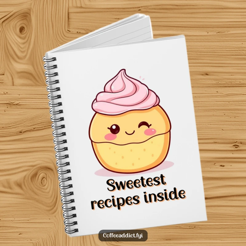 Funny Kawaii Pastry Notebook featuring a cute dessert character with a delighted swirl of frosting, perfect for capturing sweet and creative thoughts.