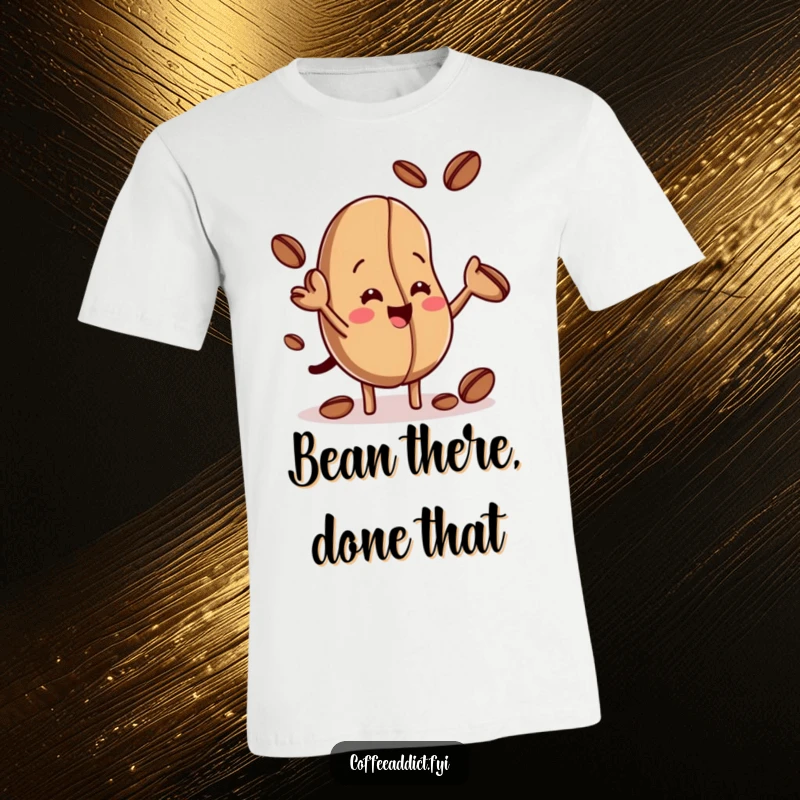 Funny t-shirt depicting a happy coffee bean performing a juggling act with smaller beans, radiating playful energy and charm.
