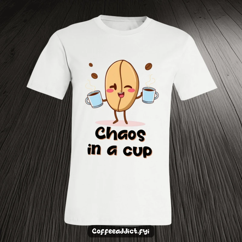 Funny graphic t-shirt with a winking coffee bean skillfully juggling three steaming coffee cups, exuding playful energy and coffee charm.