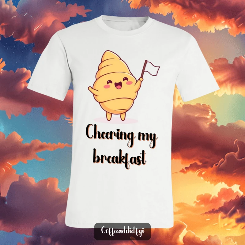 Funny t-shirt featuring a happy croissant waving a small flag with immense delight and cheer.