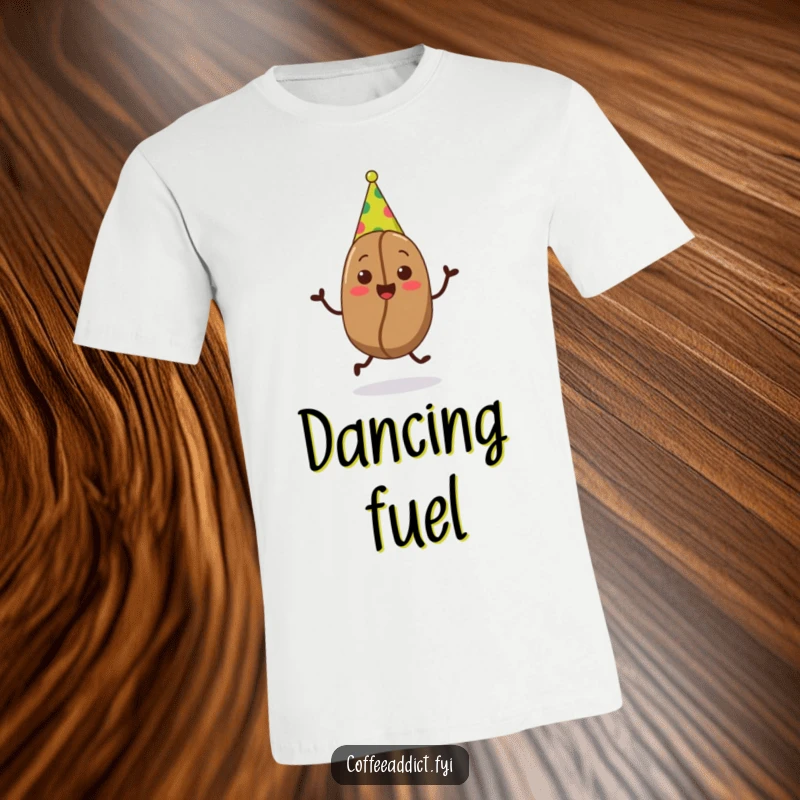 Funny graphic t-shirt depicting a coffee bean wearing a party hat and performing a joyful jig, celebrating festive energy.
