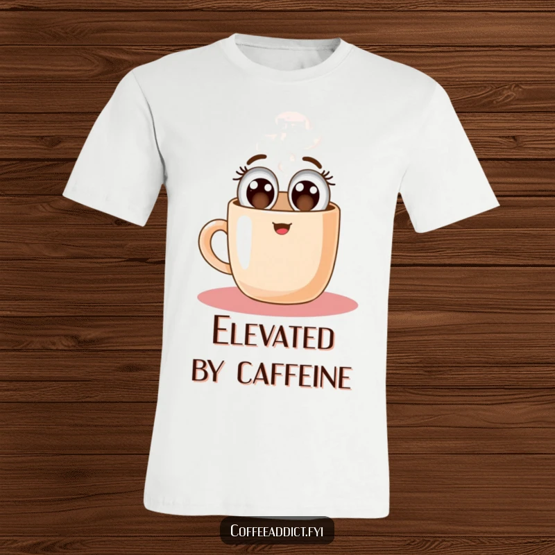 Funny t-shirt graphic of a steaming coffee mug character with wide, happy eyes, joyfully ascending as if powered by caffeine.