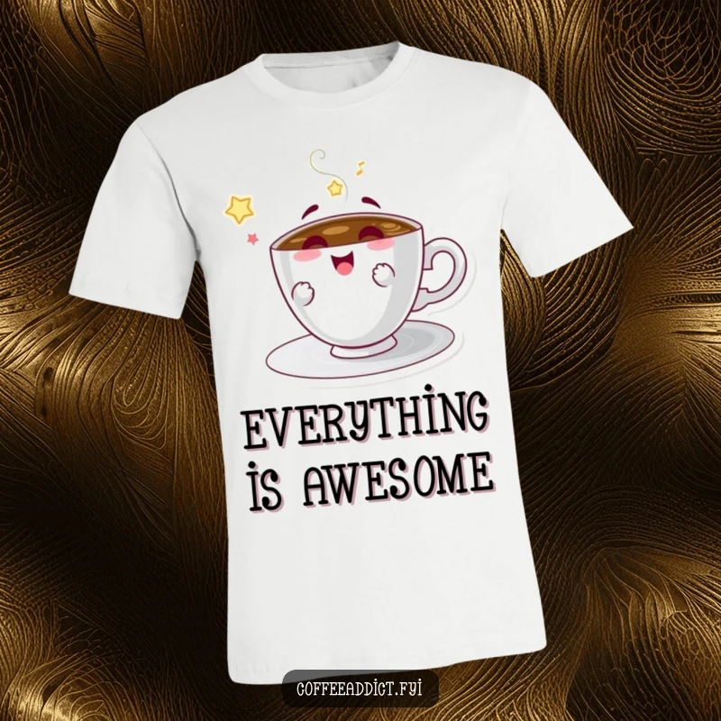 Funny t-shirt with a coffee saucer character spinning happily, ideal for expressing joy and love for coffee.