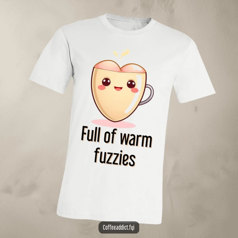 Funny Kawaii Latte Heart T-Shirt with a cute character representing warm latte art, glowing softly, perfect for spreading love and cheer.