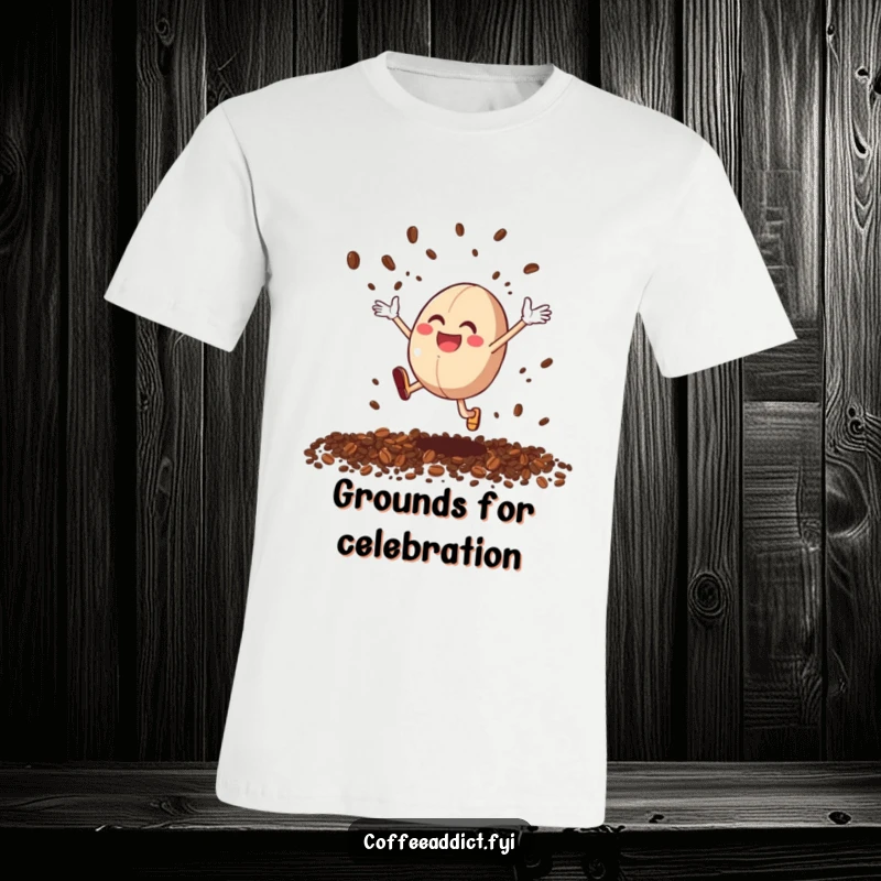 Funny Coffee Bean Leap T-Shirt: A cartoon coffee bean joyfully leaping, with coffee grounds flying like confetti.