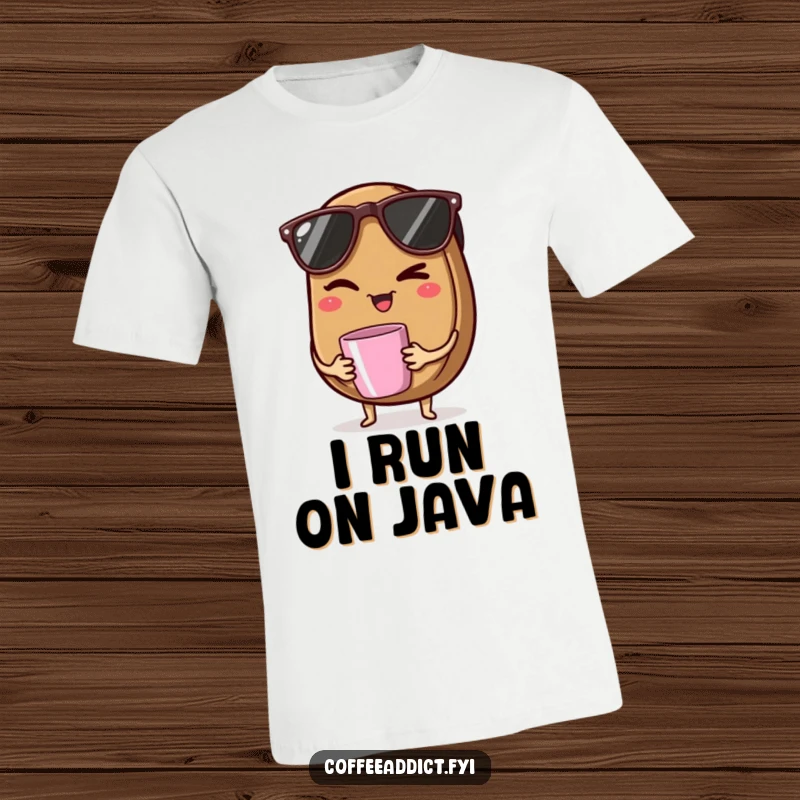 Funny t-shirt with a sunglasses-wearing coffee bean winking and holding a tiny mug, exuding cool vibes.