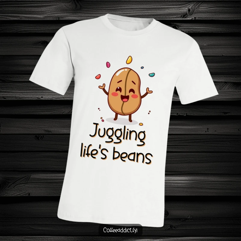 Funny t-shirt depicting a happy coffee bean giggling while juggling three colorful sprinkles with ease.
