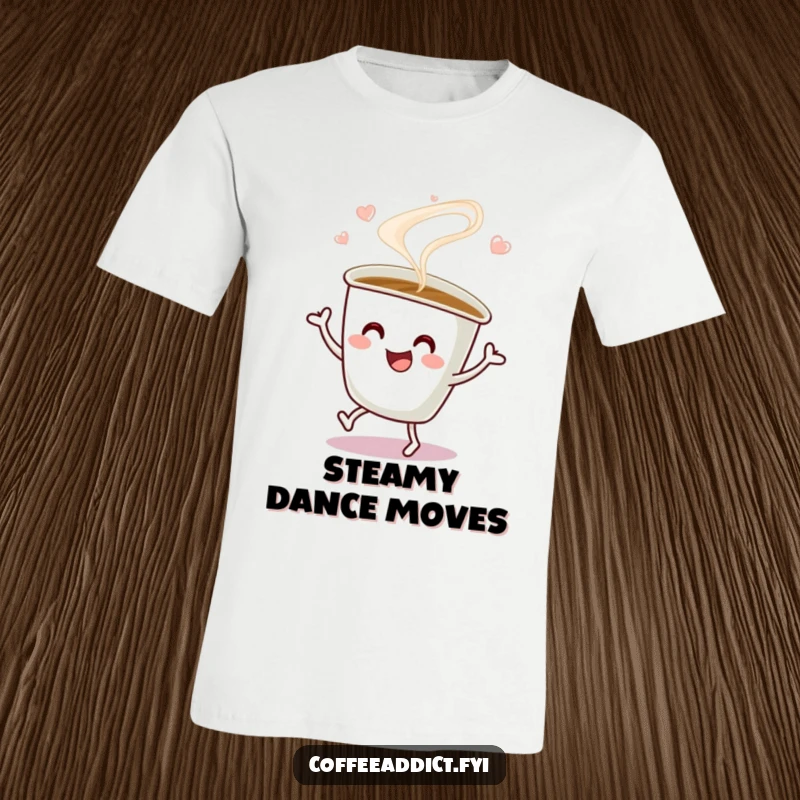 Funny T-Shirt depicting a coffee cup with swirling steam performing a happy jig, perfect for expressing lively morning vibes.