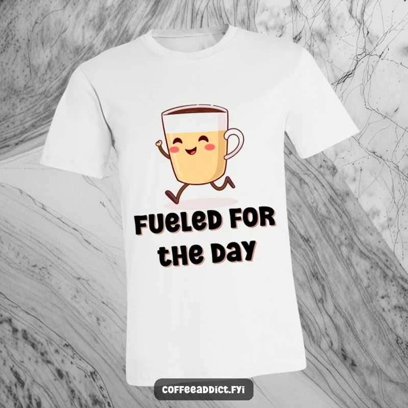 Funny t-shirt with a smiling coffee cup with tiny legs joyfully sprinting towards a steaming pot.