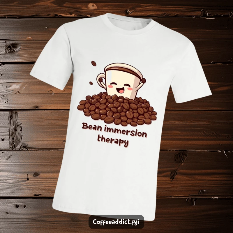 Funny T-Shirt: Coffee cup character dramatically faceplanting into a pile of coffee beans, depicting comical coffee addiction and humor.