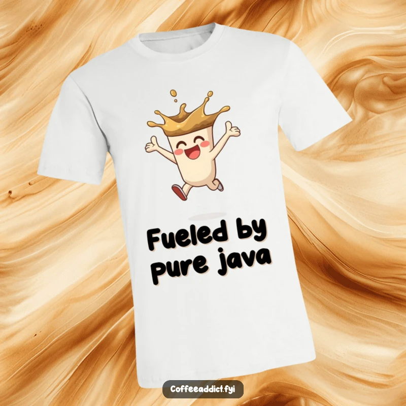 Funny t-shirt with a coffee splash character leaping with enthusiasm, perfect for conveying energy and a love for coffee.