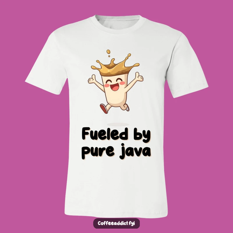 Funny Coffee Splash T-Shirt - Enthusiastic Leaping Character Tee
