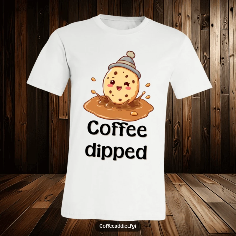 Funny cookie t-shirt with a perky cookie wearing a hat gleefully splashing in a puddle of coffee.