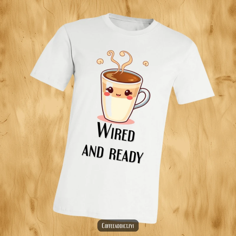Funny espresso shot t-shirt featuring a silly winking character with swirling steam, ideal for coffee enthusiasts.