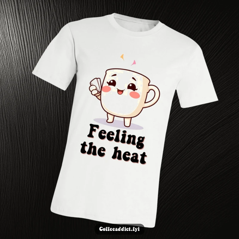 Funny cheerful coffee mug with rosy cheeks dramatically fanning itself, on a comfortable t-shirt.