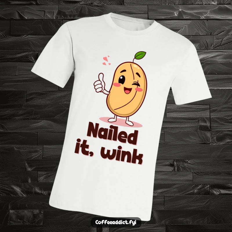 Funny T-Shirt: Coffee bean character giving an enthusiastic thumbs-up with a wink, conveying confidence and playful encouragement.