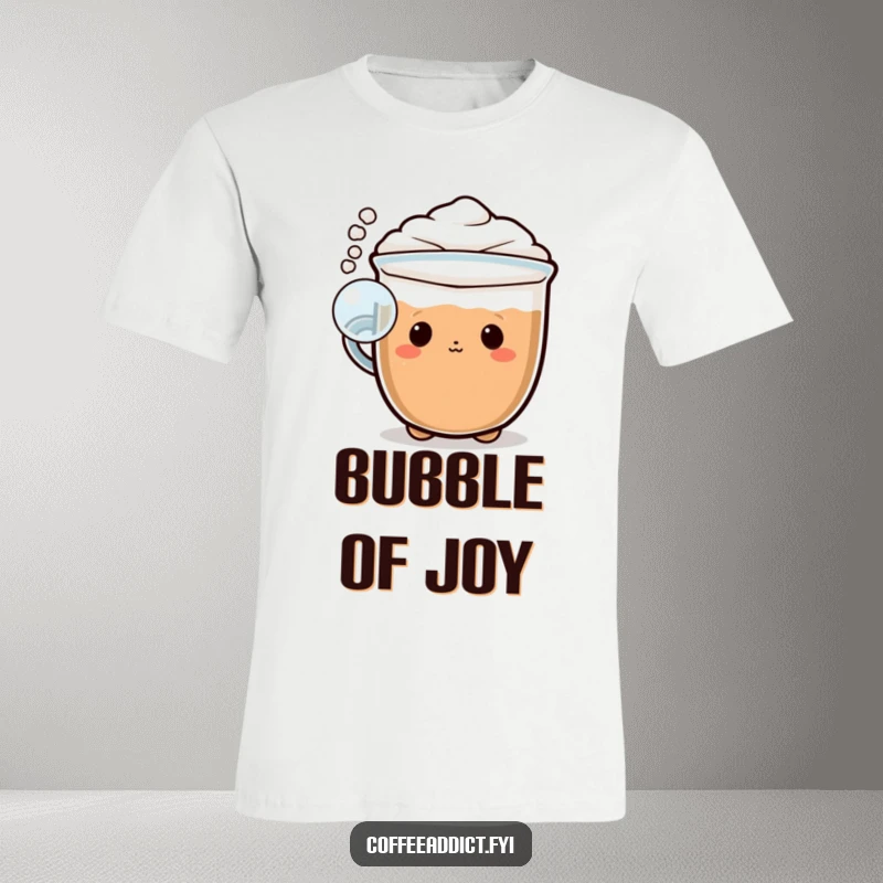 Funny Kawaii cappuccino t-shirt with a character blowing a playful bubble of foam, ideal for a whimsical look.